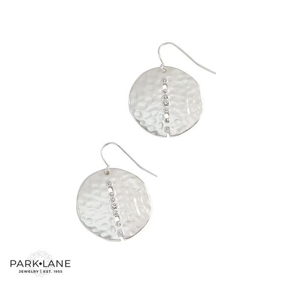 Park Lane Margo Silver Disc Earrings – Hammered Matte Finish, Crystal Accents - Picture 1 of 4